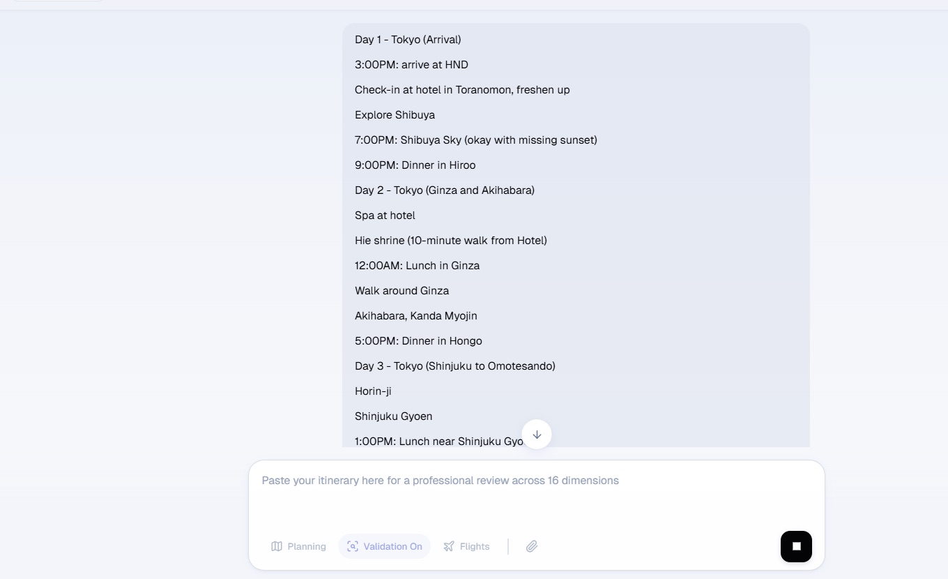 Trip Validator's itinerary input screen with a day-by-day Japan plan pasted in and Validation mode toggled on